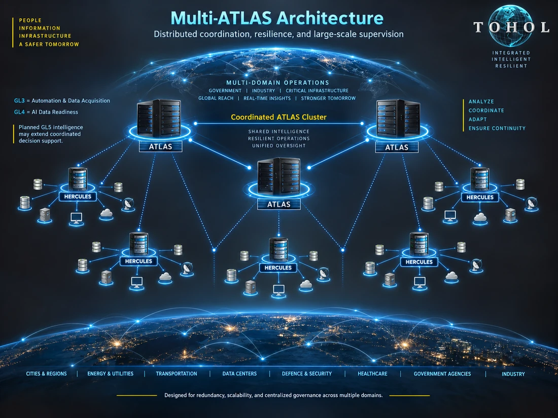 Multi-ATLAS-arkitektur med flere ATLAS-noder, der koordinerer flere HERCULES-implementeringer på tværs af distribuerede domæner og sektorer.